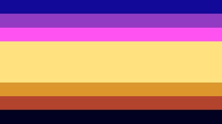 A flag with seven horizontal stripes, each of equal size except for the triply thick central stripe. From top to bottom, the colors are navy blue, mid purple, magenta, dull yellow, orange, orange-brown, and black.