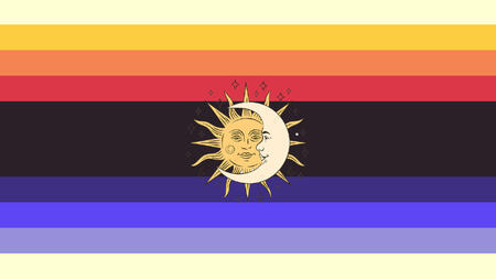 A flag with nine horizontal stripes, each of equal size except for the thick central stripe. From top to bottom, the colors are off-white, golden, orange, red, deep grey, indigo, royal blue, periwinkle, and off-white. A sun-and-moon symbol is in the center