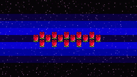 A flag with nine horizontal stripes, the top and bottom twice as thick as the rest. The colors are black, navy blue, mid blue, royal blue, black, royal blue, mid blue, navy blue, and black. There are stars across the flag and red roses in the center.