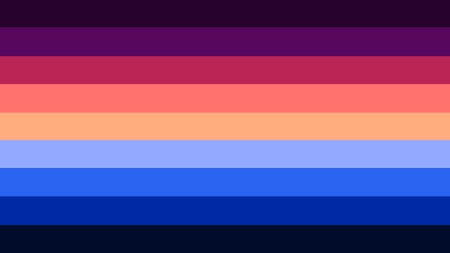 A flag with nine equally-sized horizontal stripes. From top to bottom, the colors are deep purple, mid purple, red-pink, pastel red-orange, pastel golden, pastel blue, blue, royal blue, and deep blue.