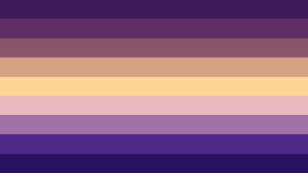A flag with nine equally-sized horizontal stripes. From top to bottom, the colors are medium purple, plum purple, purple-brown, light orange-brown, pastel orange, pale purple, purple-grey, indigo, and deep indigo.