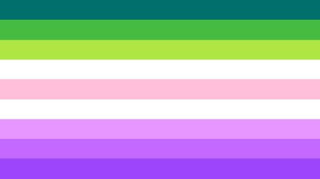 A flag with nine equally-sized horizontal stripes. From top to bottom, the colors are deep turquoise, green, lime green, white, pastel pink, white, lavender, purple, and mid purple.