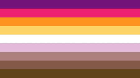 A flag with nine equally-sized horizontal stripes. From top to bottom, the colors are medium purple, pink, orange, dull golden yellow, white, lavender, dull brown-purple, dull mid-brown, and mid yellow-brown.